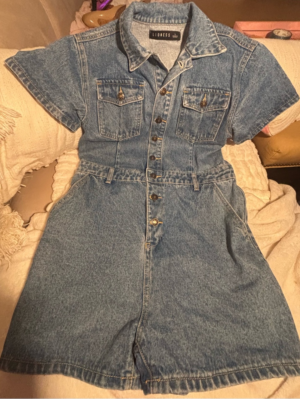 Lioness Blue Denim button up romper size L EUC
